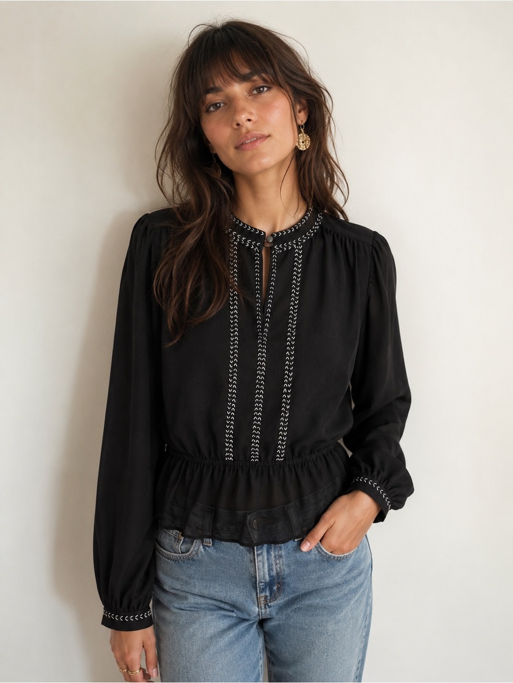 Free People If I Had You Black Beaded Boho Peplum Chiffon Sheer Blouse M